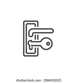 Door handle with key line icon. linear style sign for mobile concept and web design. Door lock and key outline vector icon. Symbol, logo illustration. Vector graphics
