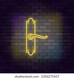 Door, handle, knob neon icon brick wall and dark background.