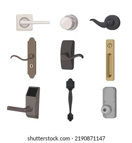 door handle knob set cartoon. lock doorknob, hotel metal sign, room open keyhole door handle knob vector illustration