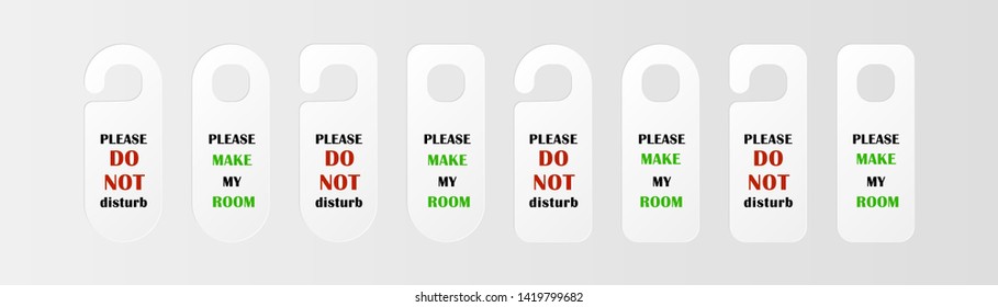 Door handle lock hangers set, "Do not disturb" and "Please clean my room", paper plastic clean mock up door hanger tags for hotel, hostel, home, resort. Vector illustration