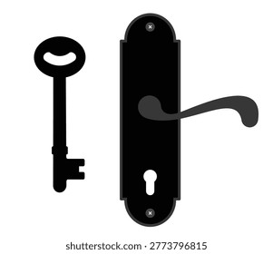 Door handle lock and key icon. Door Handle Knob Latch Key Keyhole. A set of door lock and handles, vector illustration.