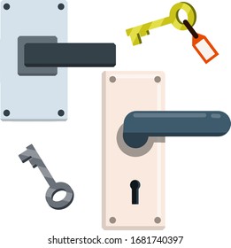Mango de la puerta. Conjunto de bloqueo y tecleado con una llave. Apertura y cierre. Puerta y elemento de entrada azul y blanco