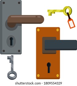 Door handle. Set of Lock and keyhole with a key. Opening and closing. Brown and grey doorway and entrance element
