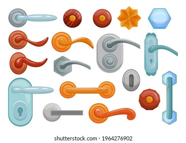 Door handles and doorknobs vector illustrations set. Cartoon metal or wooden handles and knobs for door, elements of interior isolated on white background. House interior design, safety concept