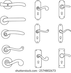 Door handles icon set. Locks handles on the door in the house, hotel. Black flat and line vector collection isolated on transparent background. Metal items interior symbols doorknob realistic.