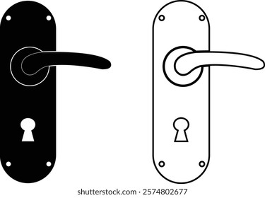 Door handles icon set. Locks handles on the door in the house, hotel. Black flat and line vector collection isolated on transparent background. Metal items interior symbols doorknob realistic.