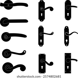 Door handles icon set. Locks handles on the door in the house, hotel. Black flat and line vector collection isolated on transparent background. Metal items interior symbols doorknob realistic.