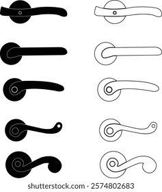 Door handles icon set. Locks handles on the door in the house, hotel. Black flat and line vector collection isolated on transparent background. Metal items interior symbols doorknob realistic.