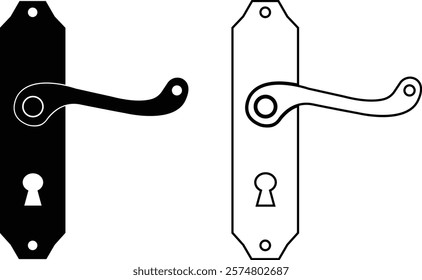 Door handles icon set. Locks handles on the door in the house, hotel. Black flat and line vector collection isolated on transparent background. Metal items interior symbols doorknob realistic.