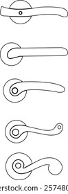 Door handles icon set. Locks handles on the door in the house, hotel. Black line vector collection isolated on transparent background. Metal items interior symbols doorknob realistic.