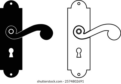 Door handles icon set. Locks handles on the door in the house, hotel. Black flat and line vector collection isolated on transparent background. Metal items interior symbols doorknob realistic.