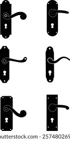 Door handles icon set. Locks handles on the door in the house, hotel. Black flatvector collection isolated on transparent background. Metal items interior symbols doorknob realistic.