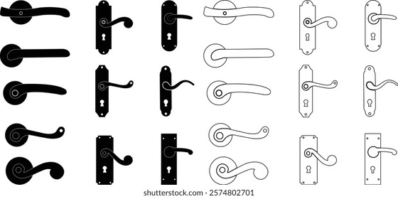 Door handles icon set. Locks handles on the door in the house, hotel. Black flat and line vector collection isolated on transparent background. Metal items interior symbols doorknob realistic.