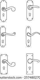 Door handles icon set. Locks handles on the door in the house, hotel. Black line vector collection isolated on transparent background. Metal items interior symbols doorknob realistic.