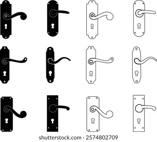 Door handles icon set. Locks handles on the door in the house, hotel. Black flat and line vector collection isolated on transparent background. Metal items interior symbols doorknob realistic.