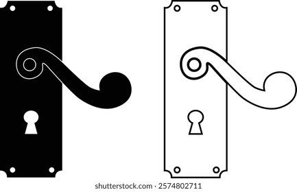 Door handles icon set. Locks handles on the door in the house, hotel. Black flat and line vector collection isolated on transparent background. Metal items interior symbols doorknob realistic.