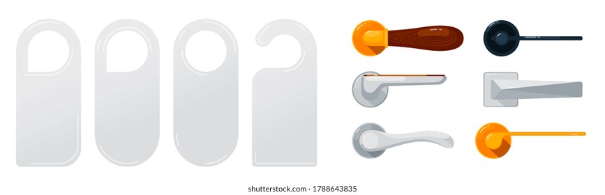 Door Handles Set. Isolated Blank Hotel Room Closed Door Hanger Sign Mockups, Wooden And Metal Handle Icon Collection. Vector Privacy And Security Concept