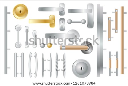 Door Handles Set Isolated on White. Window and Door Accessories. Vector Illustration.