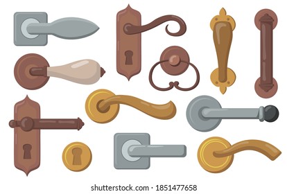 Door handles set. Traditional knobs with keyholes, modern metal doorknobs. Vector illustration for interior, furniture, accessory, entry concept