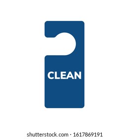 Door hanger Clean icon isolated on white background with text. Vector stock blue illustration.