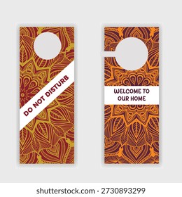 Percha de puerta con no molestar y mensaje de bienvenida a casa en diseño de estilo mandala