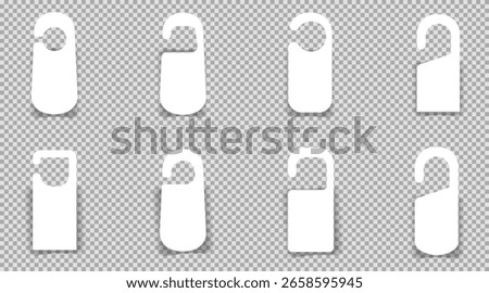 Door hanger do not disturb template. Hotel tag silhouette, set sign, blank. Die empty label hanger on door hotel room. Cardboard signs isolated on white background