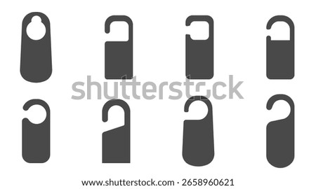 Door hanger do not disturb template. Hotel tag silhouette, set sign, blank. Die empty label hanger on door hotel room. Cardboard signs isolated on white background