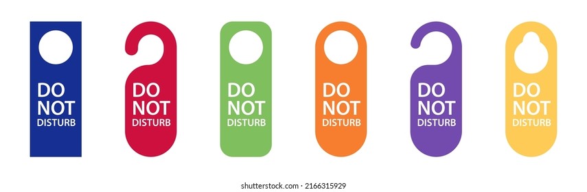 Door hanger for hotel. Do not disturb sign, hanger for handle hang. Tag, card icon with dont disturb label template for room knob. Paper warning of closed, lock, sleep, busy and quit for room. Vector.