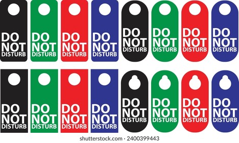 Door hanger for hotel. Do not disturb sign, hanger for handle hang. Tag, card icon with dont disturb label template for room knob. Paper warning of closed, lock, sleep, busy and quit for room