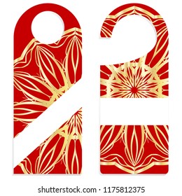 Door hanger mockup isolated on white background. Design with floral mandala ornament. Vector illustration.