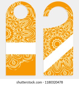 Door hanger mockup isolated on white background. Design with floral mandala ornament. Vector illustration.