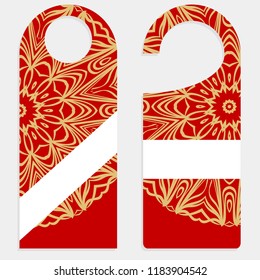 Door hanger mockup isolated on white background. Design with floral mandala ornament. Vector illustration.