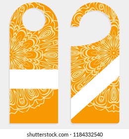 Door hanger mockup isolated on white background. Design with floral mandala ornament. Vector illustration.