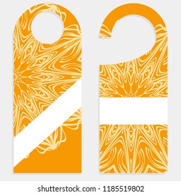 Door hanger mockup isolated on white background. Design with floral mandala ornament. Vector illustration.