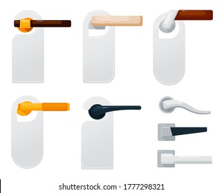 Juego de percha de puerta. Espacio aislado en blanco habitación de hotel puerta cerrada colgante de etiquetas de la etiqueta de las mockups colgadas en asas de madera y metal colección de iconos. Concepto de privacidad y seguridad de los vectores