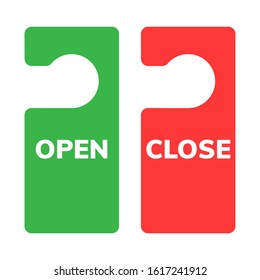Door hanger sign green and red with text open and close isolated on white background. Vector stock illustration.
