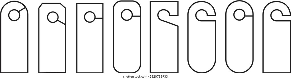 Door hanger tag label icons set. Hotel room hook sign privacy notice symbol collection. Black outline line stroke flat vector.