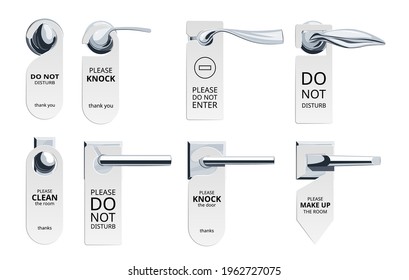 Door hanger tags set with simple text in flat style. Signs for hotel and motel rooms. Vector illustration isolated on a white background.