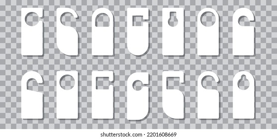 Door hanger vector icon, hotel tag, disturb hang, white room handle label, template badge on transparent background. Warning sign mockup illustration