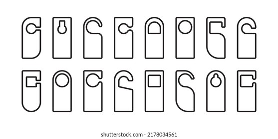 Door hanger vector line icon, hotel template tag, handle disturb mockup, paper blank set isolated on white background. Warning illustration
