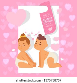 Door hanger vector sign do not disturb tag on closed room door at hotel illustration backdrop of warning privacy card message hanging on doorhandle background.