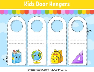 Door Hangers. Cute Cartoon Characters. Sign Printable. Kids Style. On Doorknobs. Tag Template. Back To School Theme. Vector Illustration.