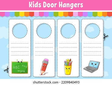 Door Hangers. Cute Cartoon Characters. Sign Printable. Kids Style. On Doorknobs. Tag Template. Back To School Theme. Vector Illustration.