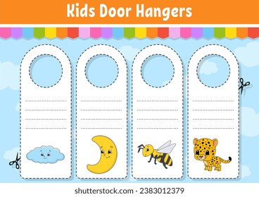 Door hangers. Cute cartoon characters. Sign printable. Kids style. On doorknobs. Tag template. Vector illustration.