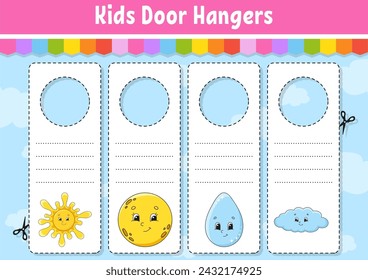 Door hangers. Cute cartoon characters. Sign printable. Kids style. On doorknobs. Tag template. Vector illustration.