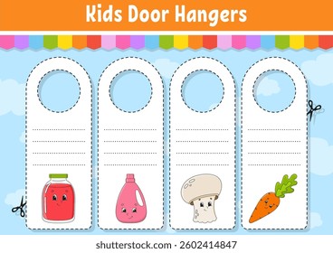 Door hangers. Cute cartoon characters. Sign printable. Kids . On doorknobs. Tag template. Vector illustration.