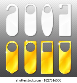 Door hangers of gold and plastic mockup set. Blank empty labels of various shapes for hotel doorknob room, dont disturb sign, message on entrance knob. Realistic 3d vector illustration, icons, mock up