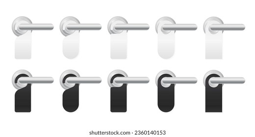 Door hangers on metal handles mockup set. Blank paper or plastic empty labels of various shapes for hotel doorknob room, dont disturb signs, messages on entrance knobs, mock up. Vector illustration