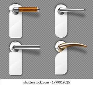 Door hangers on metal and wooden handles mockup. Blank paper or plastic empty labels of various shapes for hotel doorknob room, dont disturb signs, messages on entrance knobs, Realistic 3d vector set
