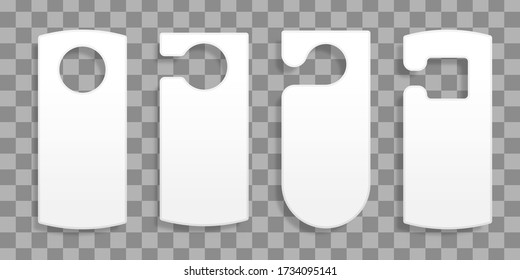 Door hangers for a room in a hotel or resort isolated on transparent background. Collection of various blank door hangers tags or labels templates without text. Do not disturb. Vector illustration.